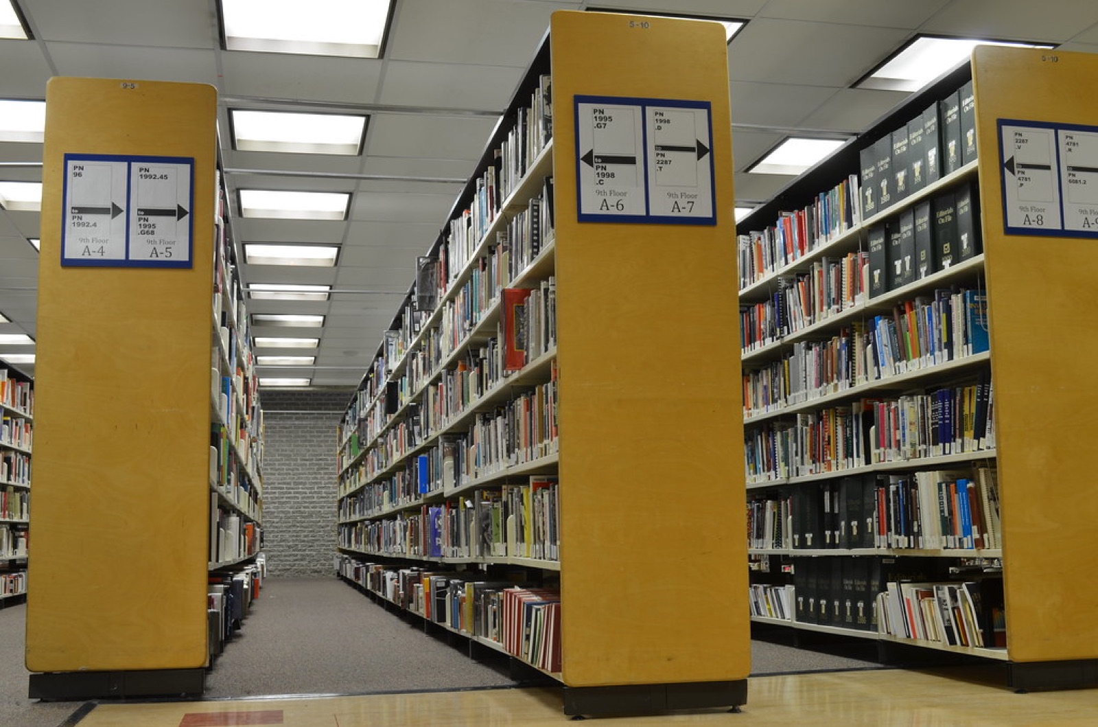 Rows of bookshelves in a university library