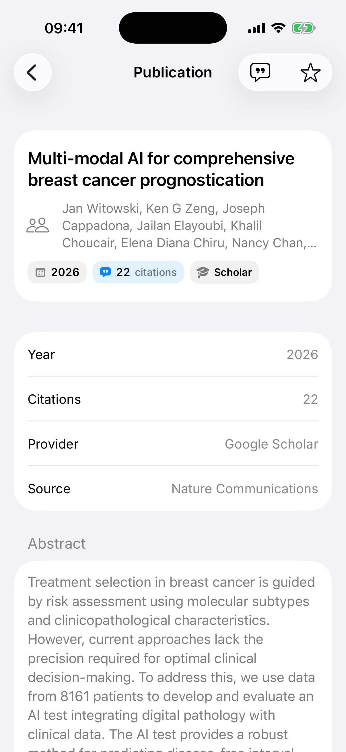 Citatum publication screen showing authors, year, citation count, source, and abstract