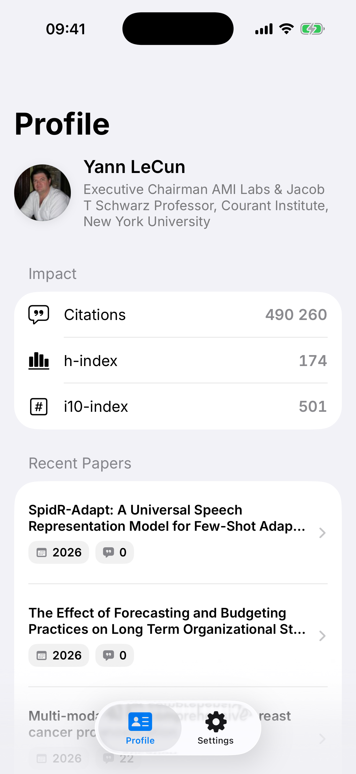 Citatum profile screen showing citation, h-index, i10-index, and recent paper data