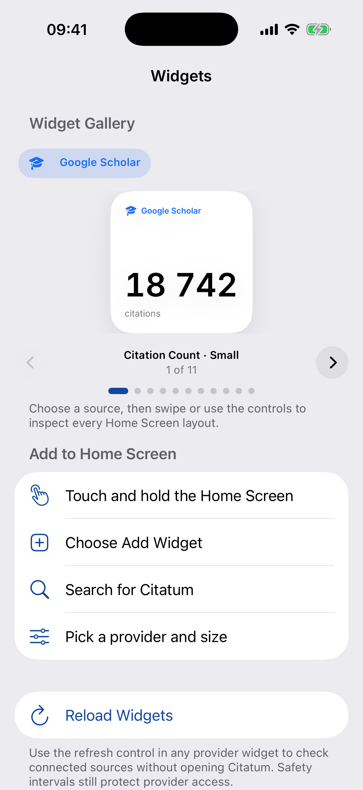 Citatum small citation count widget in the widget gallery