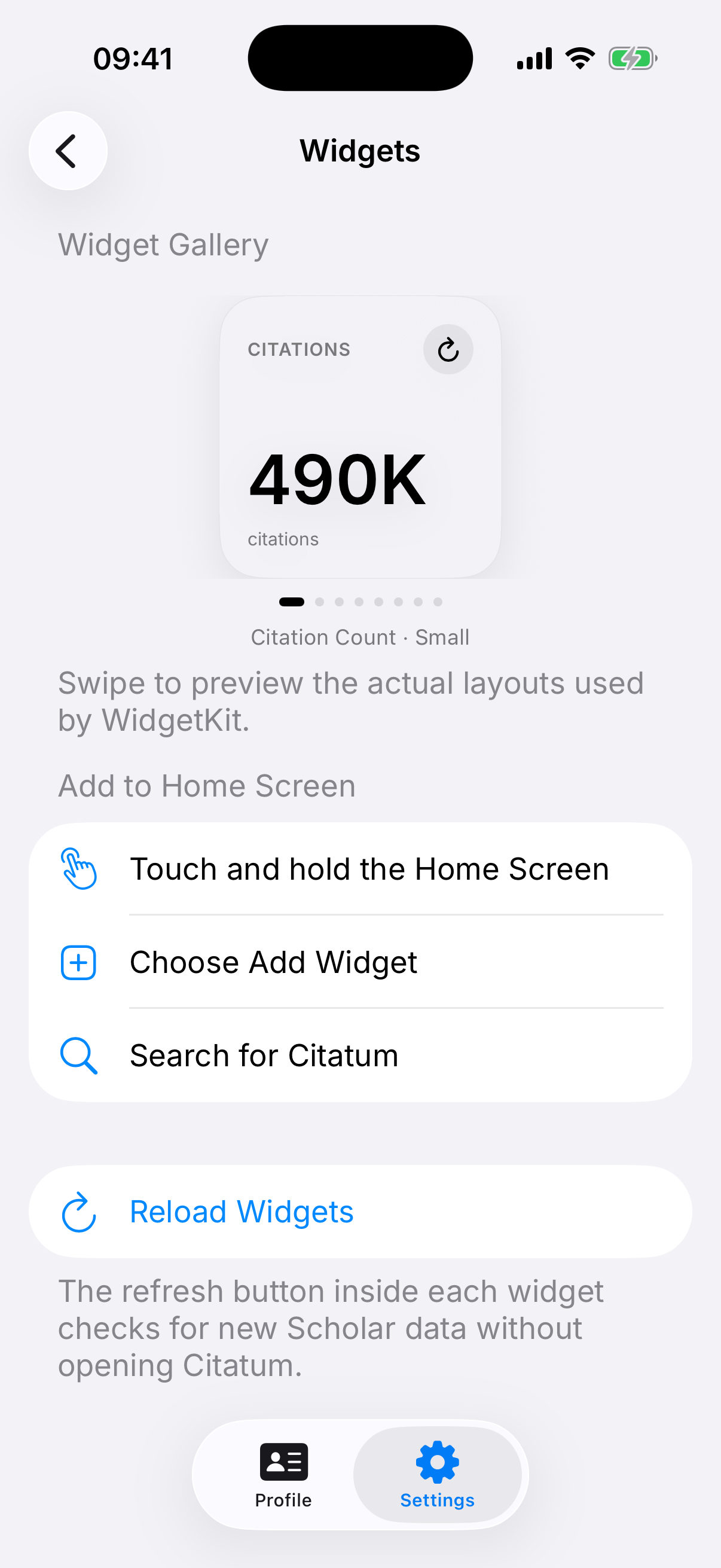 Real Citatum widget preview inside the app's widget gallery