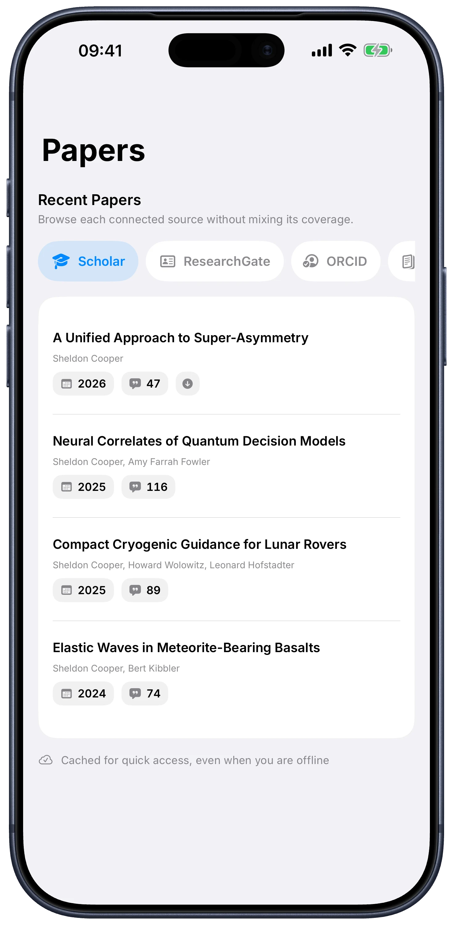 Citatum publication screen showing authors, year, citation count, source, and abstract