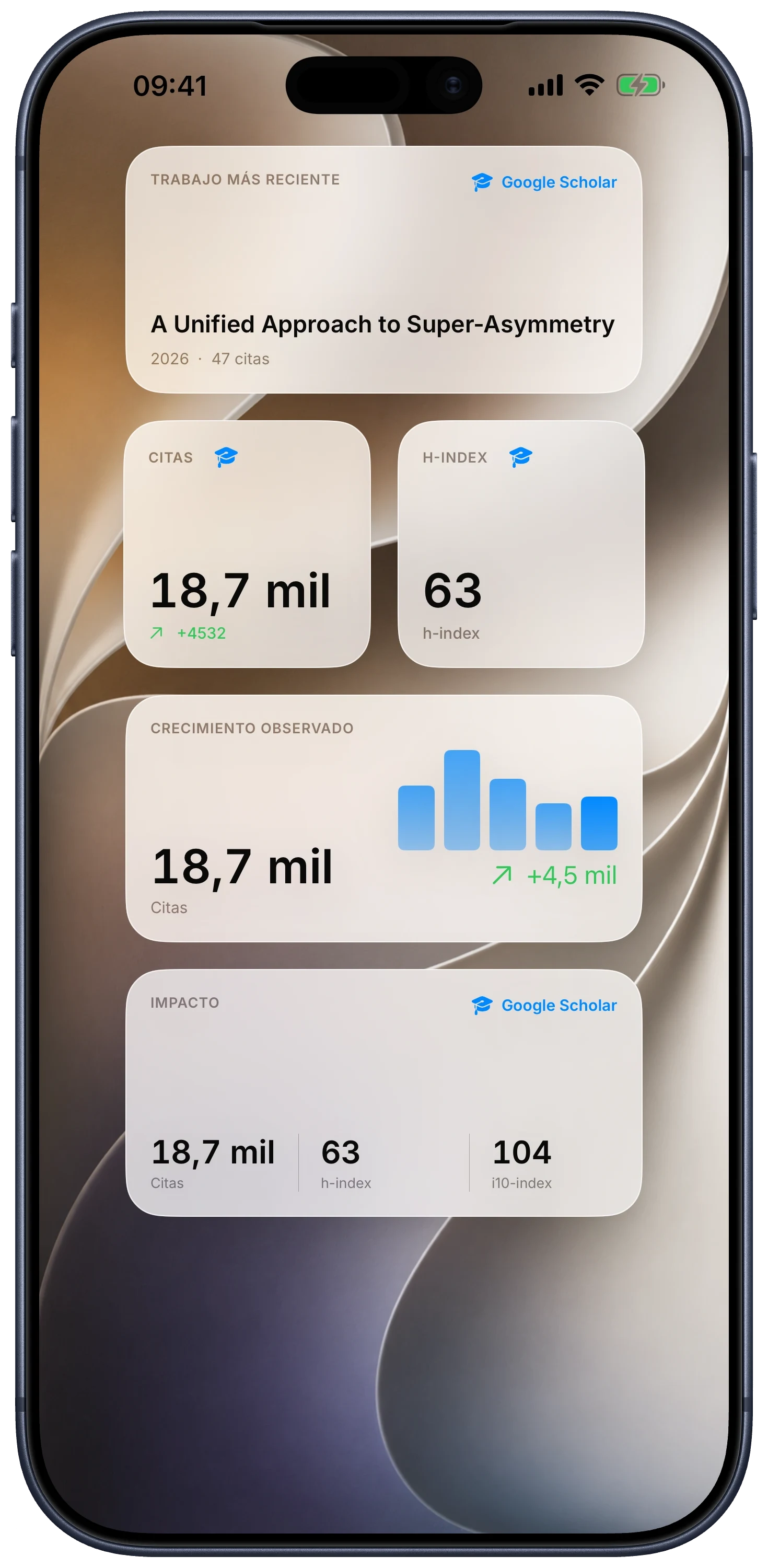 Pantalla de inicio del iPhone con widgets de Citatum sobre trabajo reciente e impacto