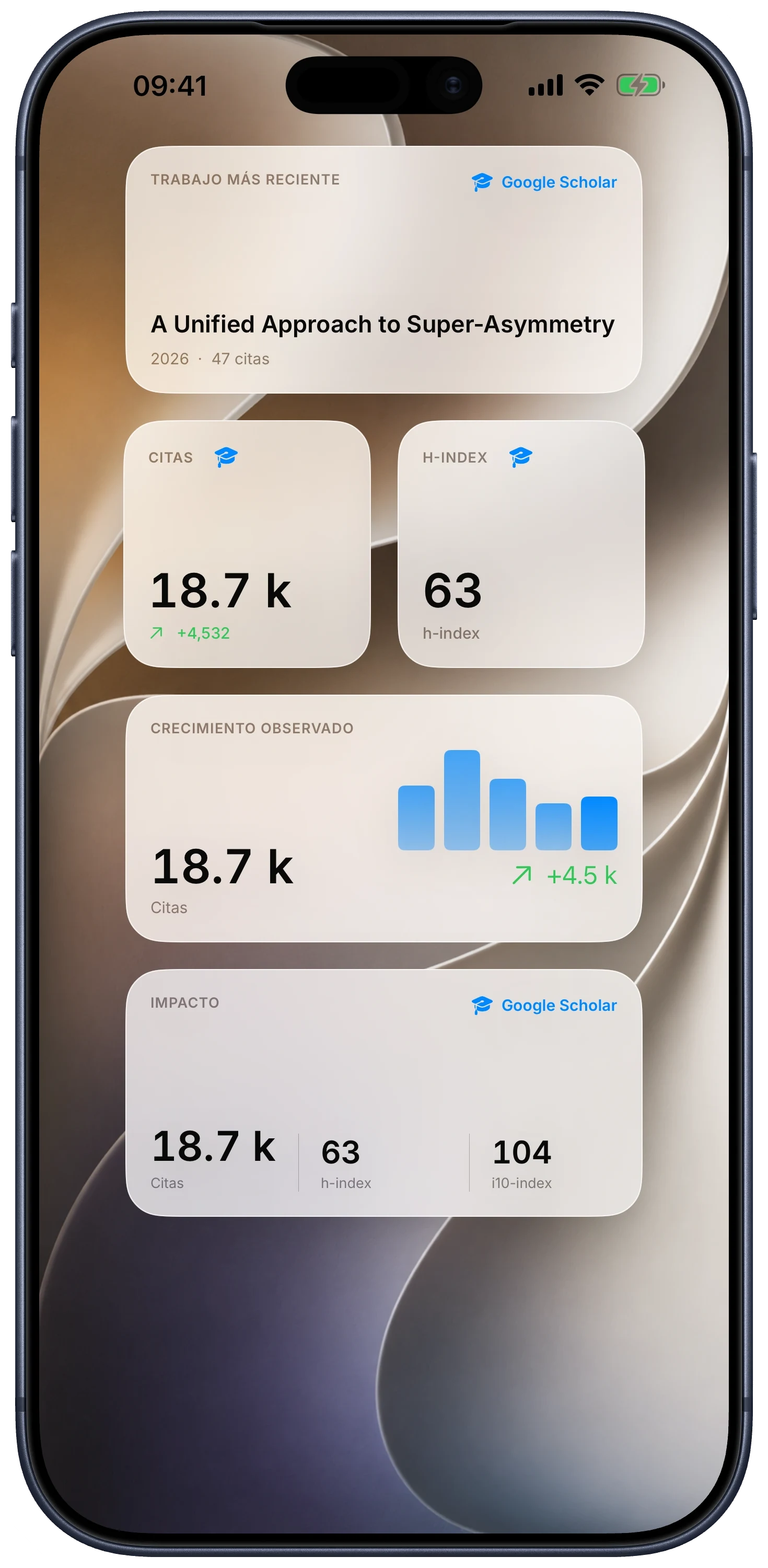 Pantalla de inicio del iPhone con widgets de Citatum sobre trabajo reciente e impacto