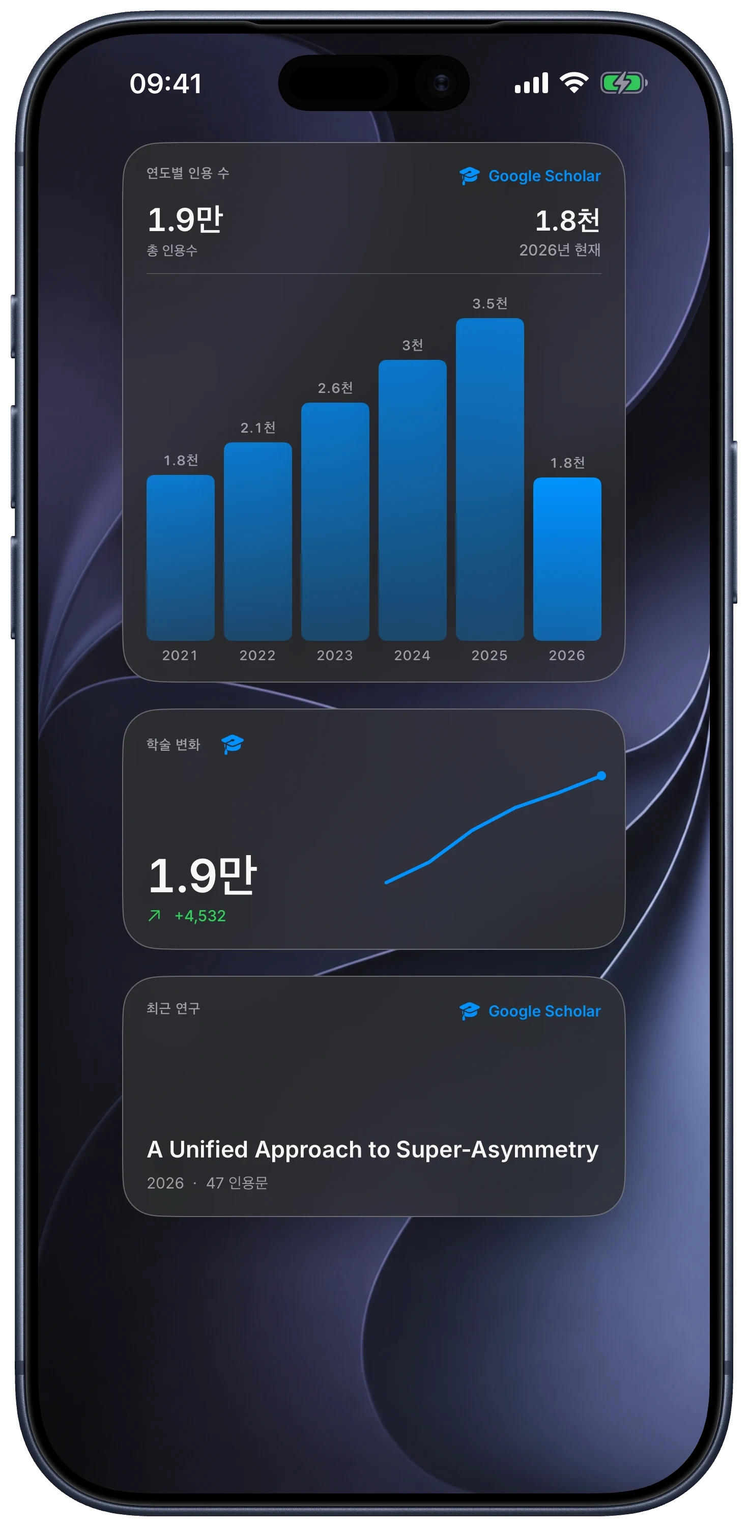 Citatum 연도별 인용 차트, 학술 변화 및 최신 연구 위젯이 배치된 iPhone 홈 화면
