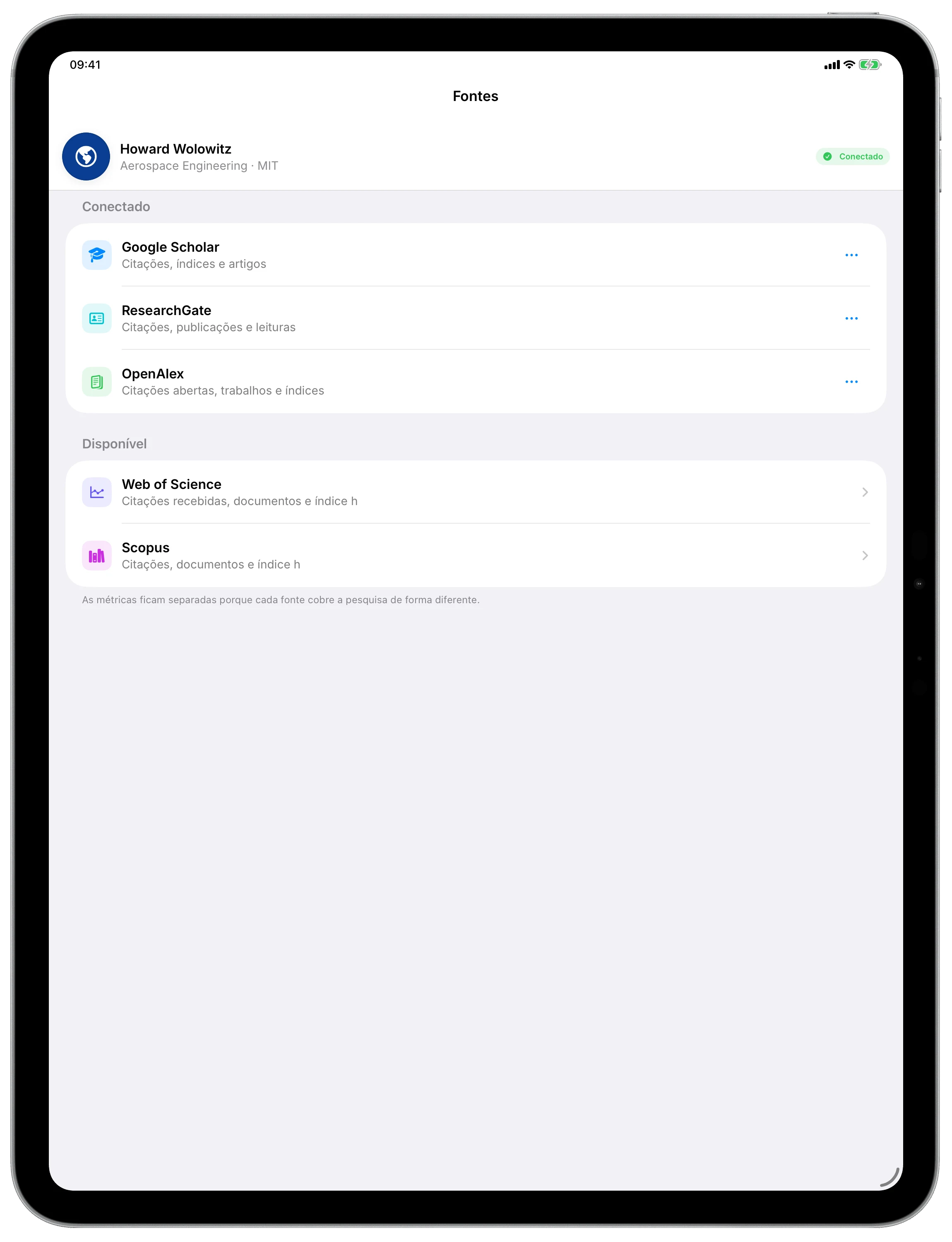 Citatum para iPad com as fontes acadêmicas conectadas de Howard Wolowitz