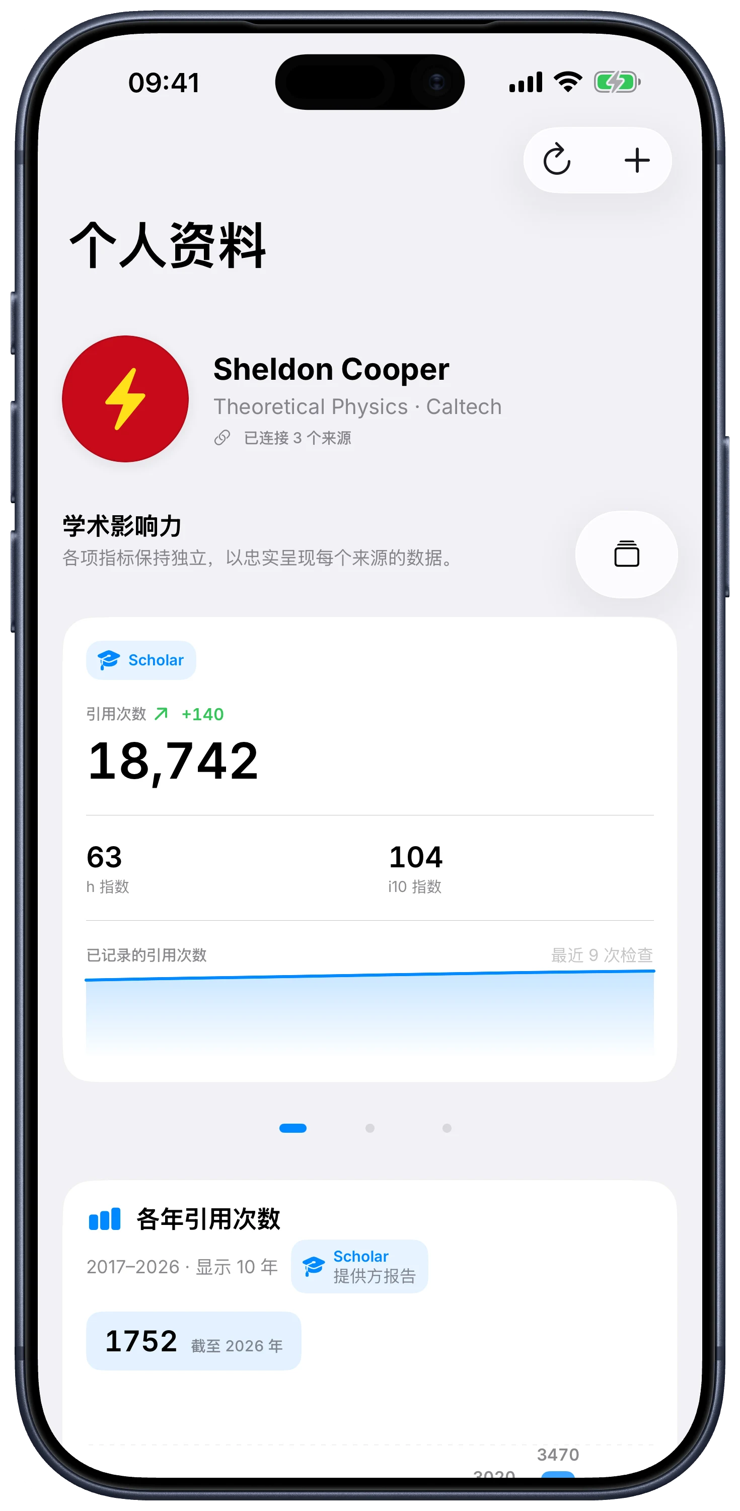 Citatum 中 Sheldon Cooper 的示例档案，显示学术指标和近期物理论文