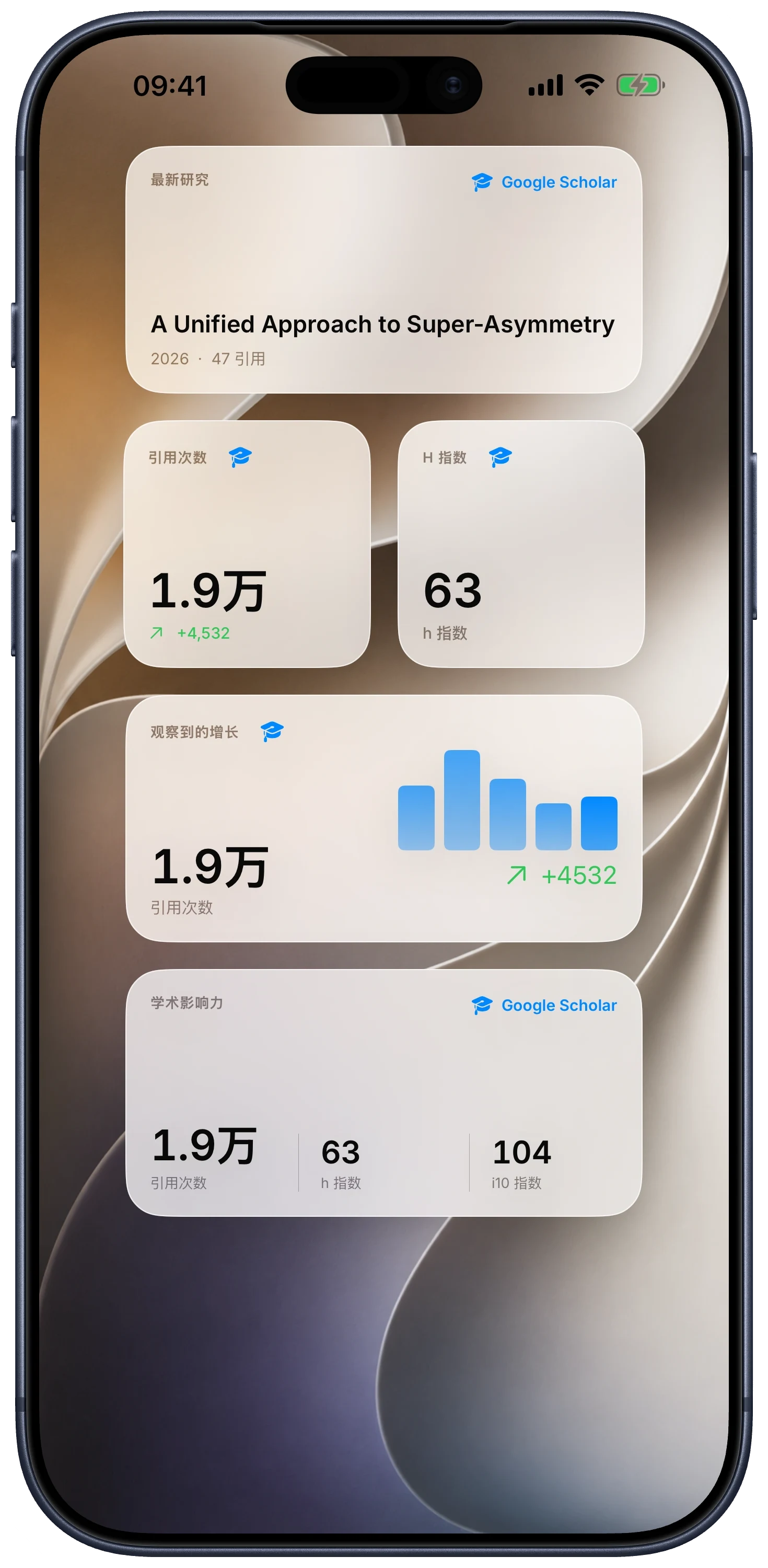 iPhone 主屏幕，显示 Citatum 最新论文和研究影响小组件