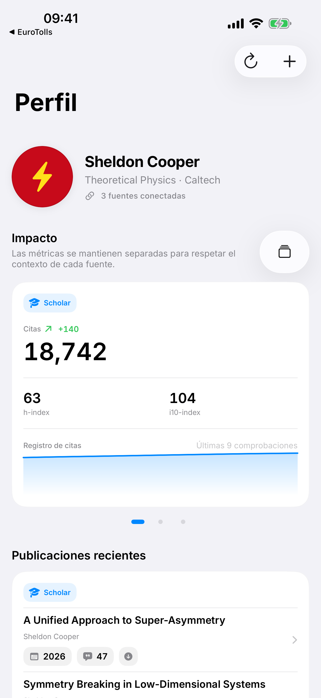 Perfil de ejemplo de Sheldon Cooper en Citatum con métricas académicas y artículos de física