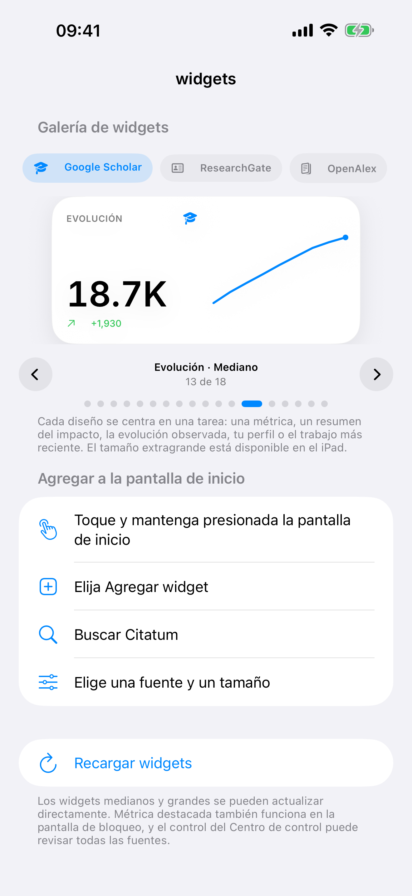 Widget de tendencia académica de Citatum con un historial de citas de ejemplo