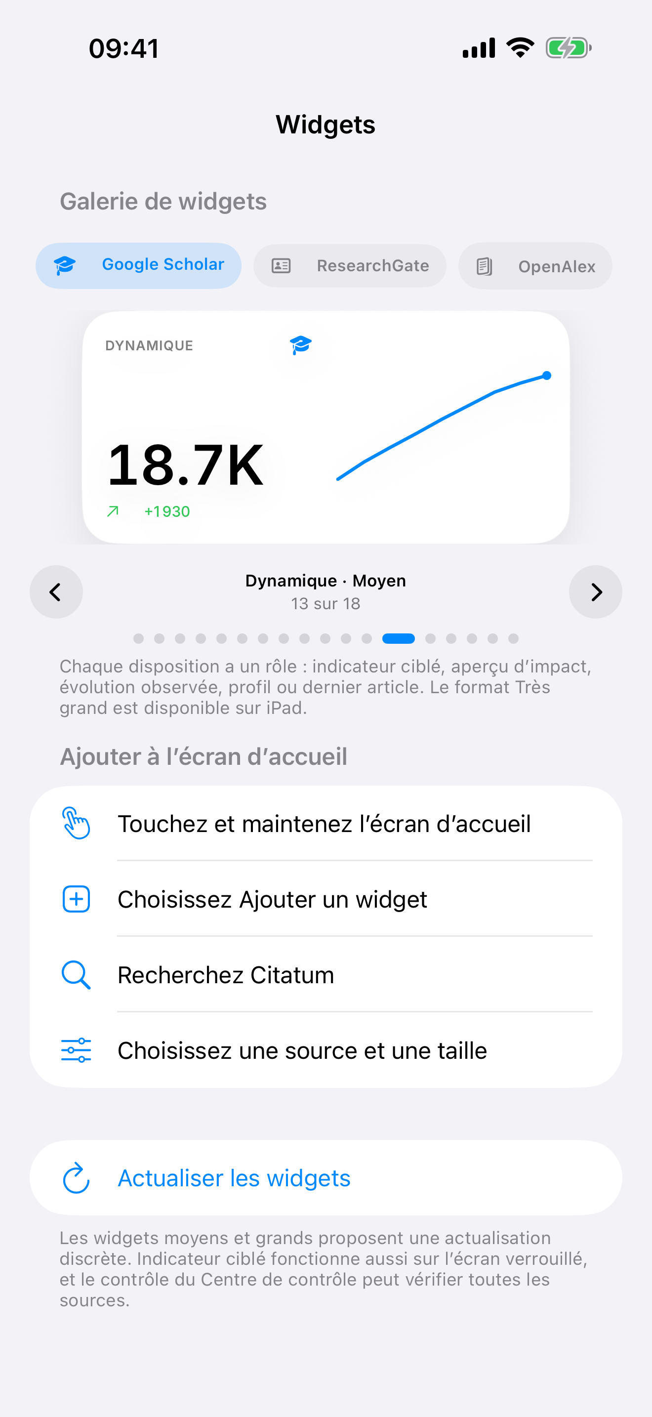 Écran de galerie Citatum montrant le widget Dynamique académique de Sheldon Cooper