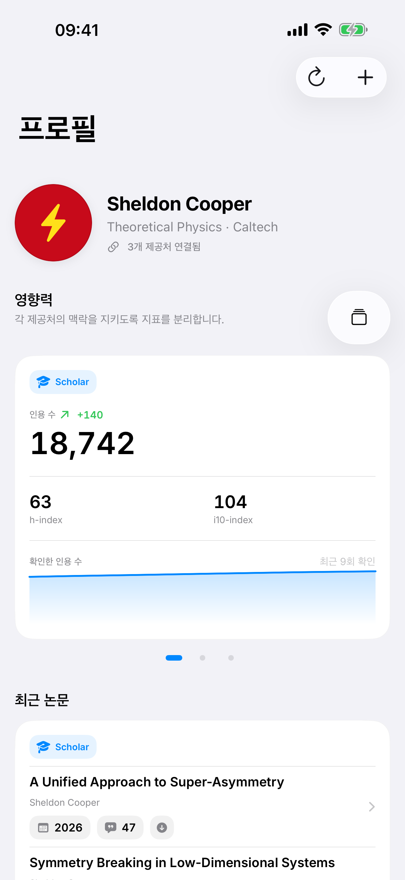 Sheldon Cooper의 예시 학술 지표와 물리학 논문을 보여 주는 Citatum 프로필