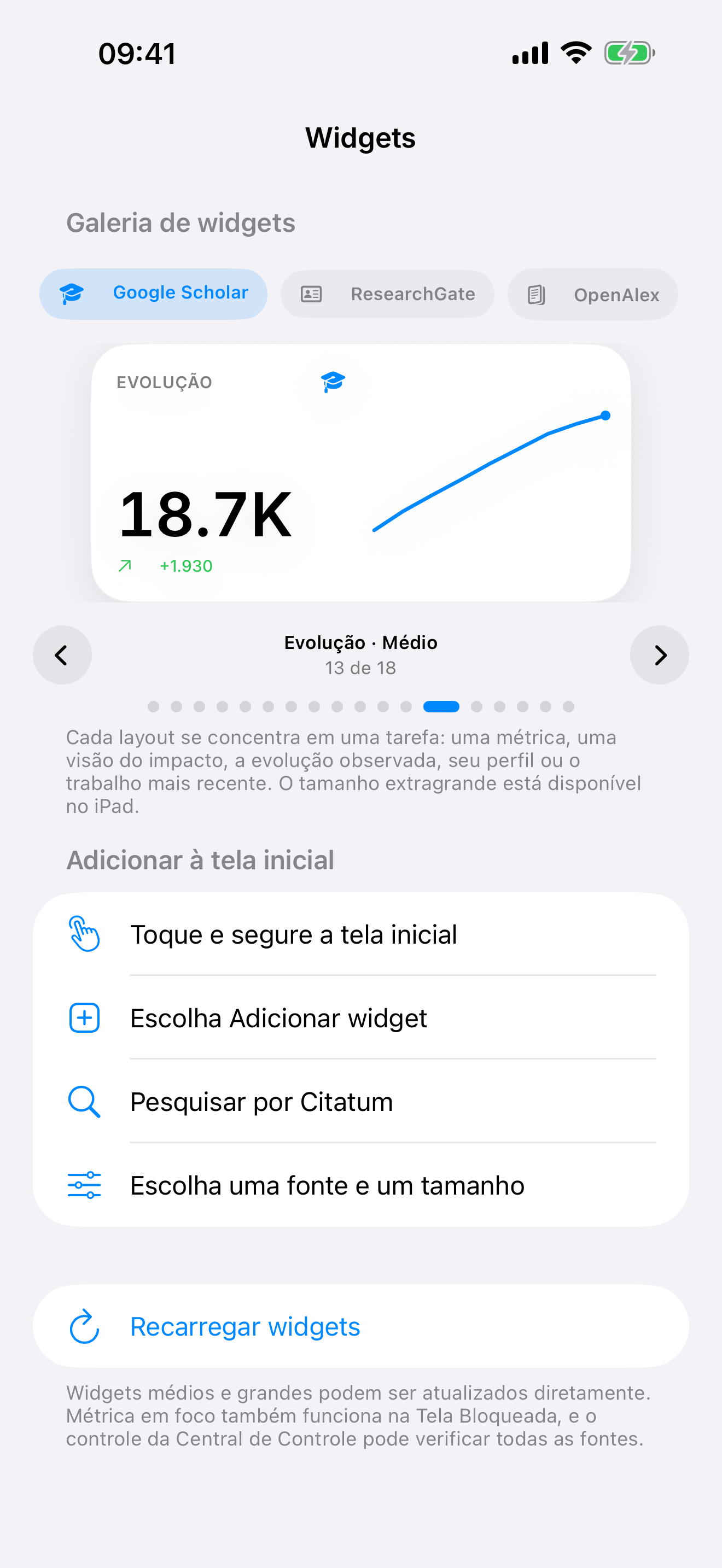 Widget de tendência acadêmica do Citatum com um histórico de citações de exemplo