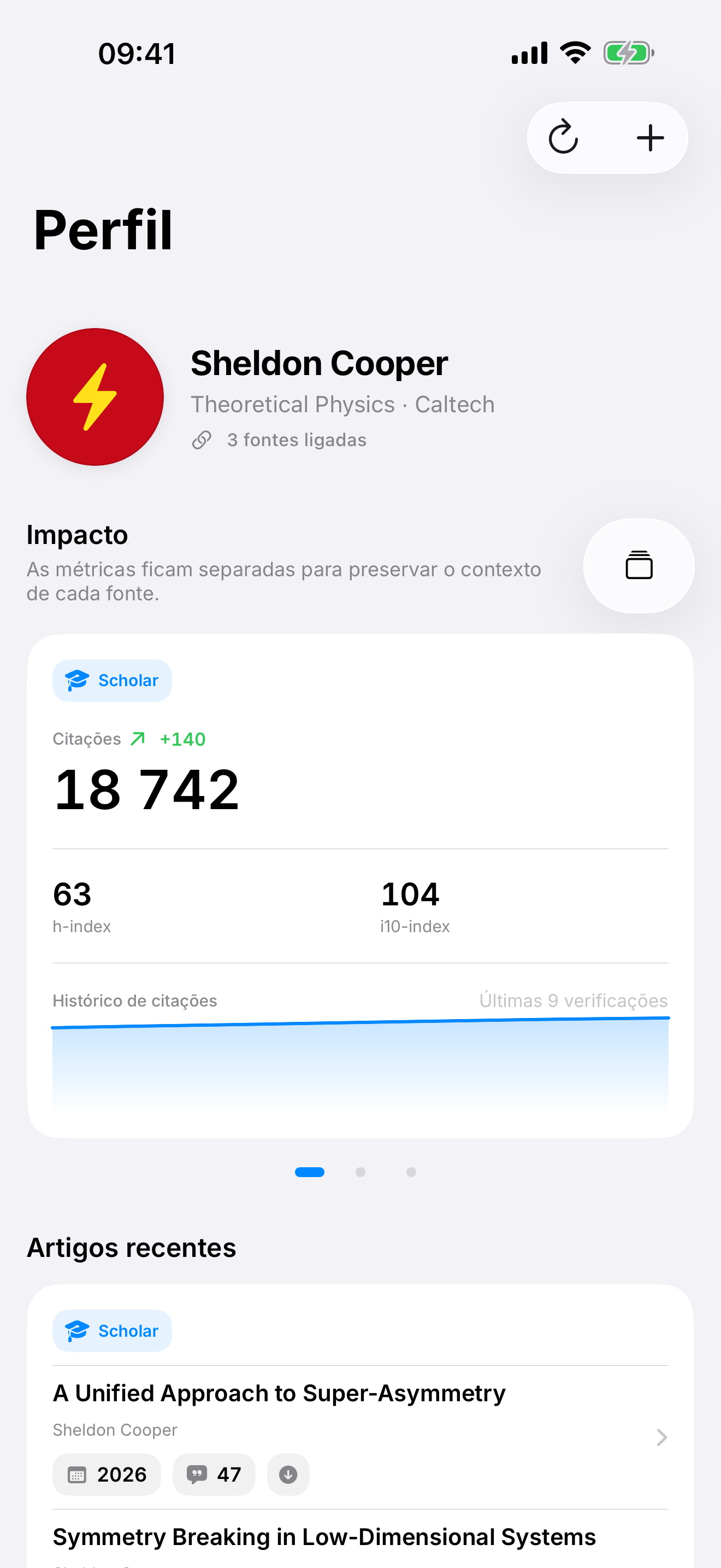 Perfil de exemplo de Sheldon Cooper no Citatum com métricas académicas e artigos de física