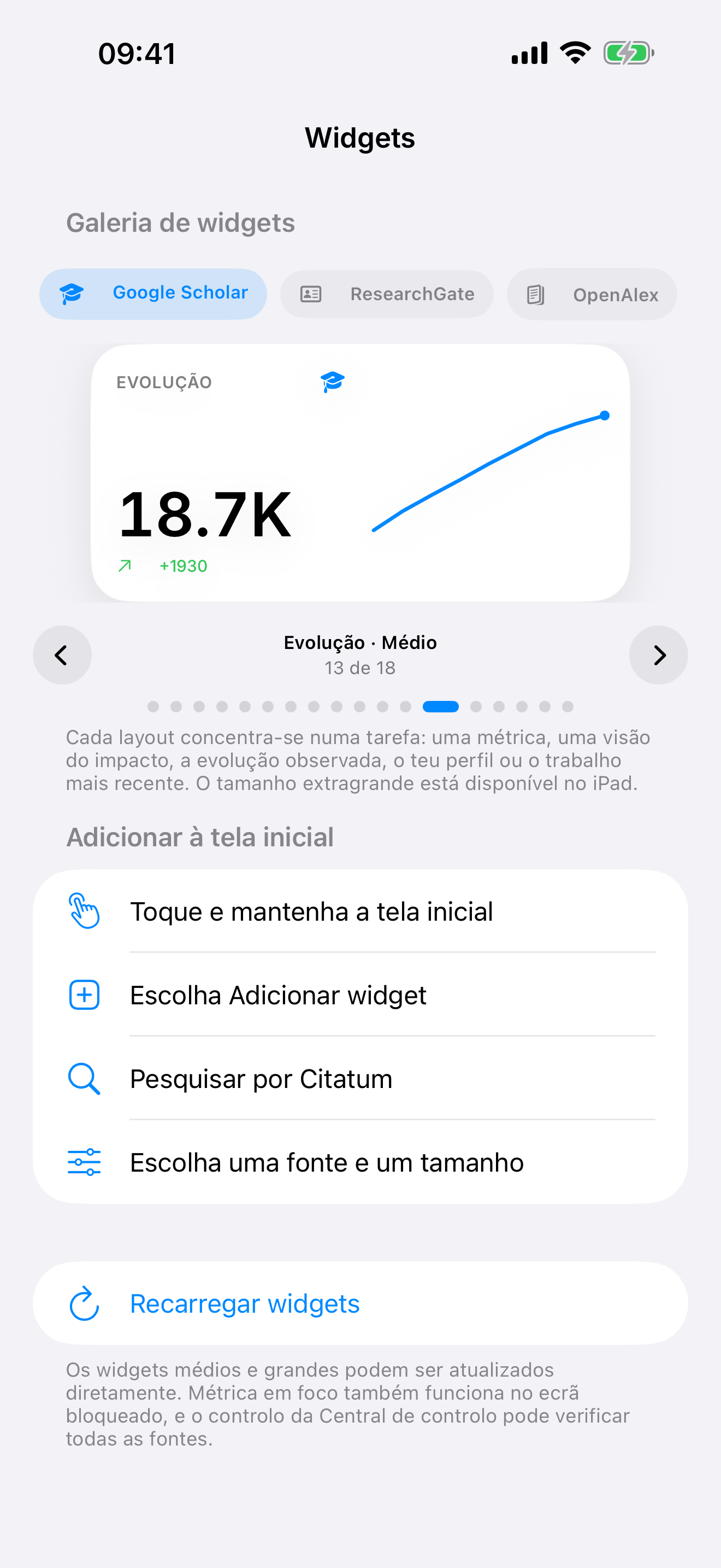 Widget de tendência académica do Citatum com um histórico de citações de exemplo