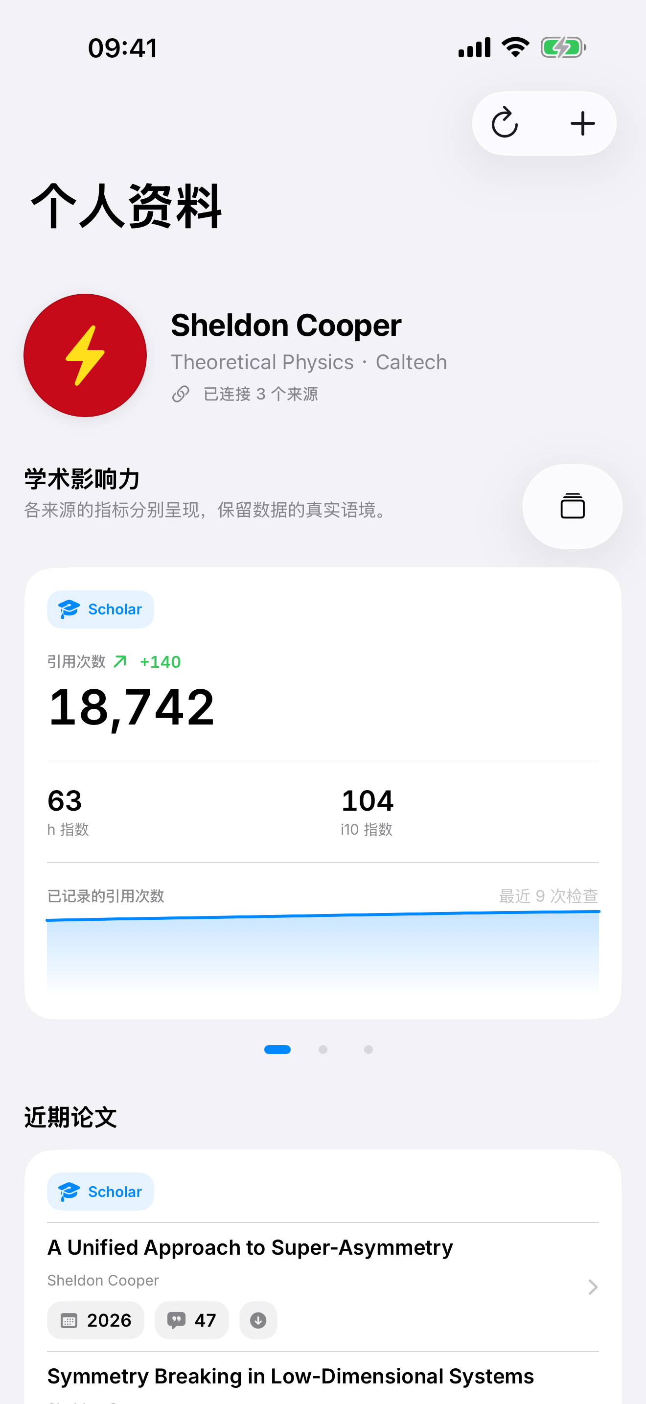 Citatum 中 Sheldon Cooper 的示例档案，显示学术指标和物理论文