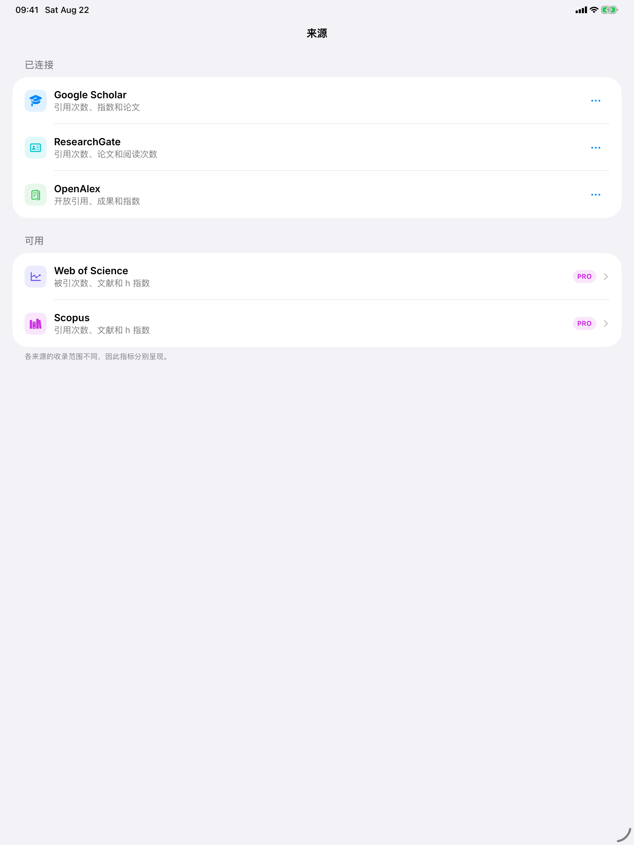 iPad 版 Citatum 显示 Howard Wolowitz 已连接的学术来源